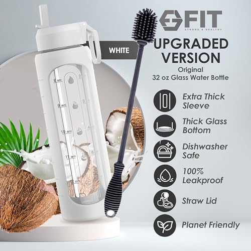 32 oz Glass Water Bottle with Straw Lid & Brush Set