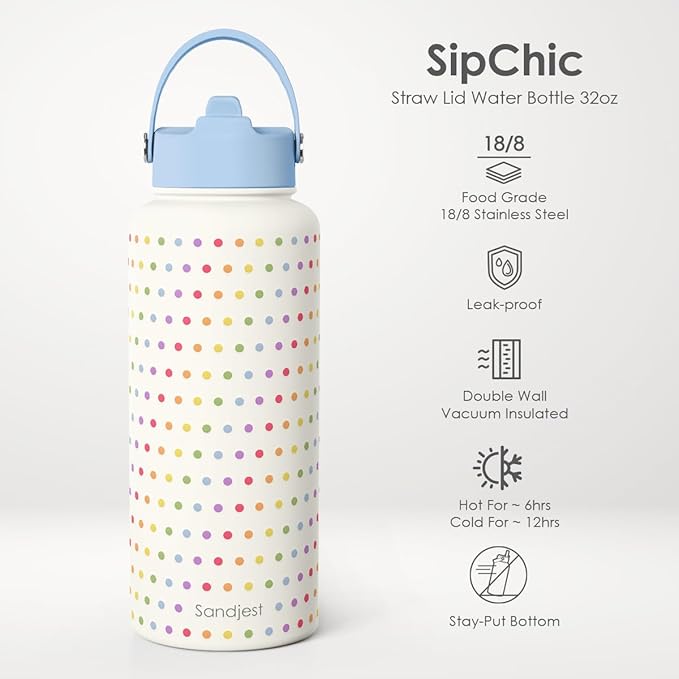 Pride Water Bottle Stainless Steel 32oz with Lid & Straw, Rainbow Polka Dots Insulated Bottles Gifts for Women Men LGBT Month Christmas Birthday LGBT Awareness Month