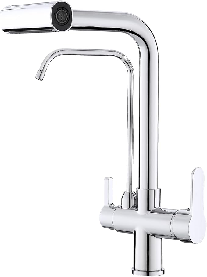 Dual Handles Kitchen Sink Faucet with Drinking Water Faucet, 3 Way Pull Out Kitchen Faucet with 3-Function Sprayer for Water Filtration System, Chrome