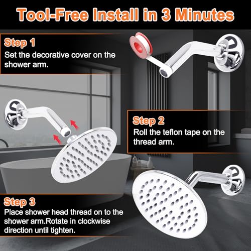 6 Inch Round Rainfall Shower Head with Stainless Steel Arm High Pressure Water Saving Anti