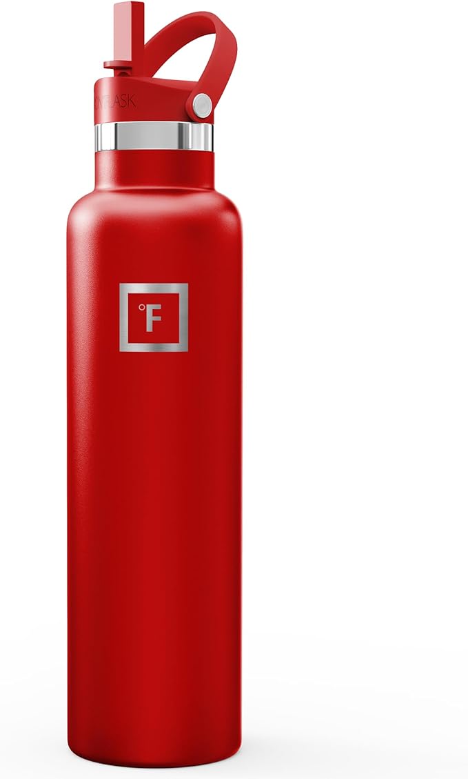 IRON °FLASK Camping & Hiking Hydration Flask with Straw, Narrow Mouth Insulated Stainless Steel Sports Water Bottle - Fire Red 24 oz - Straw (1 Lid)