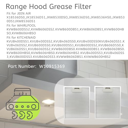 2Pcs W10915369 Range Hoo Grease Filter Fit for Whirlpool Kitchen Aid Jenn Air Range Hood Mesh Grease Vent Filters Length 8.74 Inches Width 7.48 Inches 5 (2 Count)