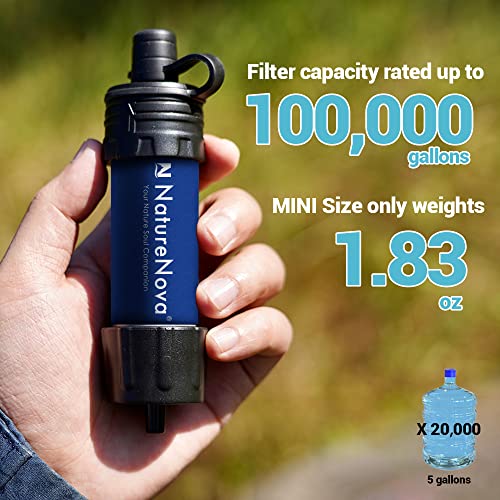 Mini Water Filter NatureNova Portable Emergency Water Filtration System Hiking Camping Straw Survival Gear Emergency Preparedness（Blue