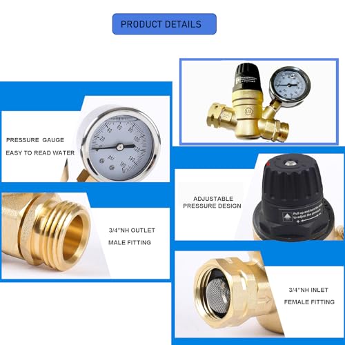 RV Water Pressure Regulator Valve with Handle Adjustable