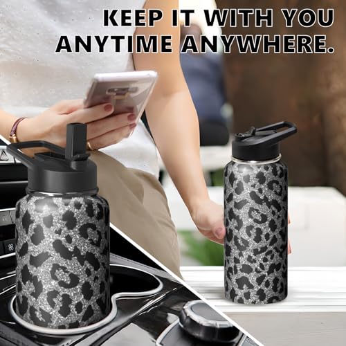 32oz Leopard Water Bottle with Handle and Flip Straw