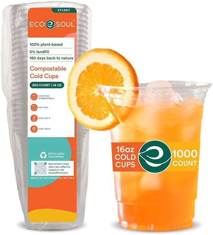 ECO SOUL 1000 Pack Compostable Party Cups 16 oz Plant-Based Disposable Clear Cold Cup for Wine, Coffee, Smoothie & Soda Drinks | Cocktail Parties & Birthdays | Non-Toxic & BPA-Free Zero Plastic Glass