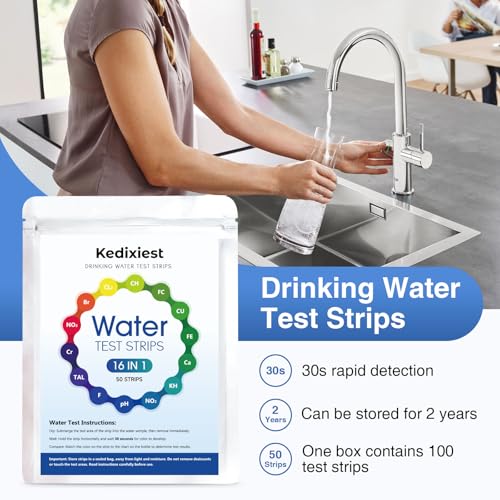 16-in-1 Drinking Water Test Strips, 50 PCS - Home Testing Kit for Tap & Well Water | Lead, Nitrate, Chlorine, Iron, Manganese, pH, Hardness, Mercury, Fluoride Detection (50 Count)