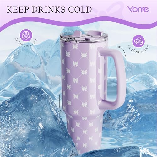 40oz Purple Bow Tumbler with Handle and Flip Straw