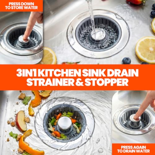 3 in 1 Kitchen Sink Drain Strainer Stopper Basket Pop Up Silver (2 Count)