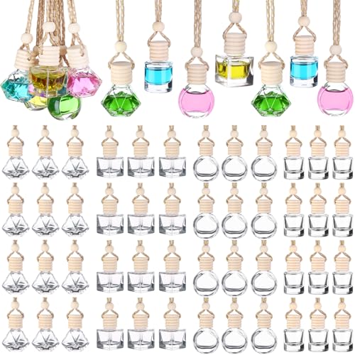 60 Pcs Hanging Car Air Freshener Car Diffuser Bottle Empty Glass Perfume Bottles Air Freshener Diffuser Bottle Pendant for Essential Oils Fragrance Aromatherapy Ornament Decor (60 Count)