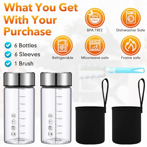 6 Pack 12 Oz Wide Mouth Glass Juice Bottles Glass Water Bottles with Lids and Sleeve for Juicing Smoothies Milk Protein Infused Water Reusable Leakproof Borosilicate Bottle (6 Count)