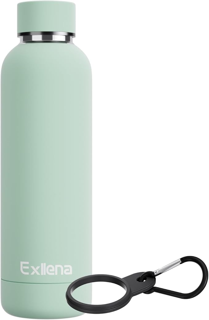 Exllena Slim Insulated Water Bottles for Travel 18oz with Clip, Double Wall Vacuum Stainless Steel Water Bottle Keeps Drinks Cold 24 Hrs/Hot 12 Hrs, 100% Leakproof, BPA Free(Mint)
