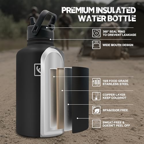 64 oz Tactical Water Bottle with MOLLE Bottle Pouch & 3 Lids