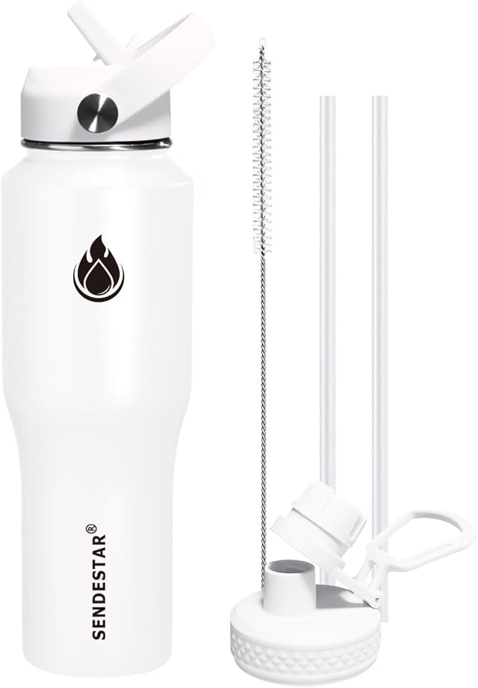SENDESTAR Water Bottle,Wide Mouth Stainless Steel Vacuum Insulated Double Wall Keep Liquids Cold or Hot All Day,Sweat Proof Sport Design,Fit Car Cup Holder,White,32 Ounces