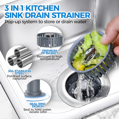 3 in 1 Kitchen Sink Drain Strainer Stopper Removable Basket Pop