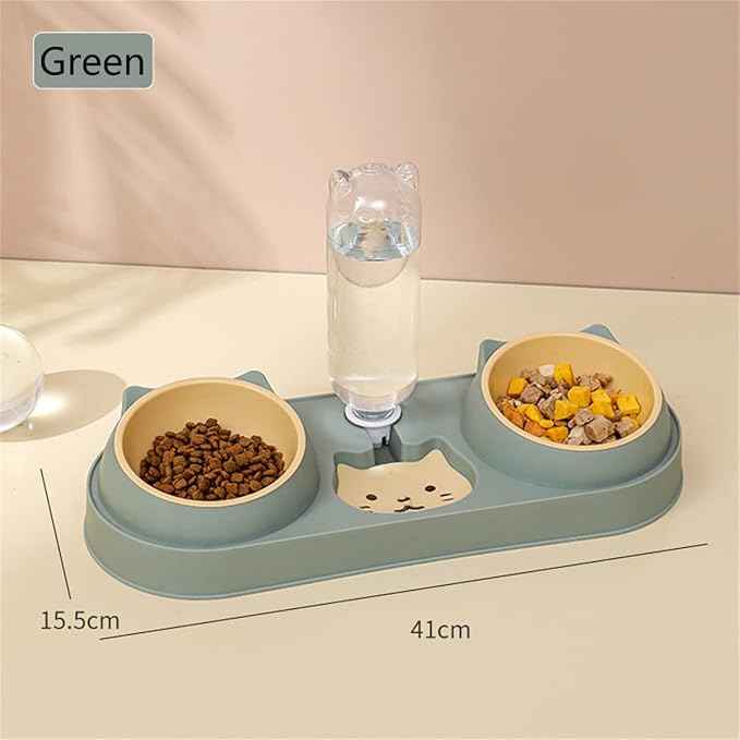 Triple Cat Food Bowls with Water Dispenser, Plastic Raised Cat Dishes, Automatic 3 in 1 Pet Bowls, 2 Food Bowls and Water Feeder Set, Wet and Dry Food Bowl Set for Cats Puppy Small Dogs (Dark Green)