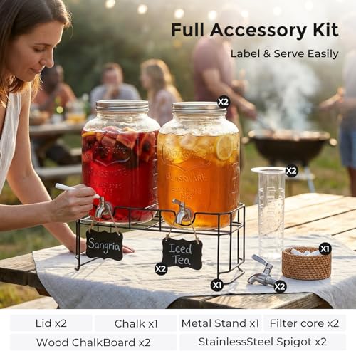 2 Gallon Glass Drinks For Parties With Stand.Stainless Steel Spigots & Metal Stand (2 Count)