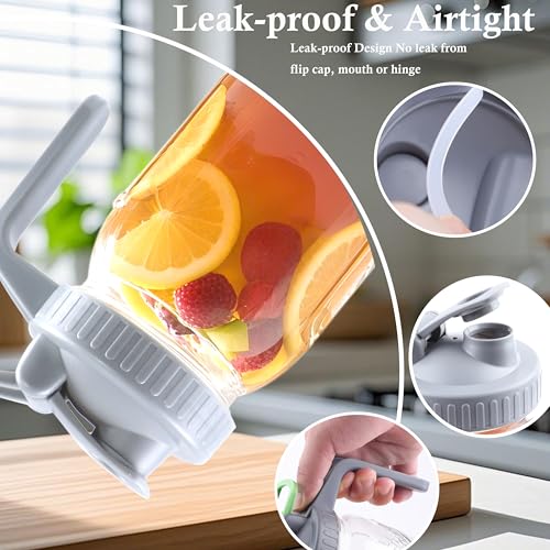 Mason Jar Pitcher With Pour Lid 32 Oz Glass Breast milk Storage Jug 1 Quart Wide Mouth Glass Tea Pitcher With Handle Creamer Container For Fridge Juice (2 Count)
