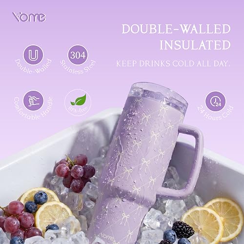 DetaClean 40oz Elegant Purple Bow Tumbler with Handle and Flip Straw for Women