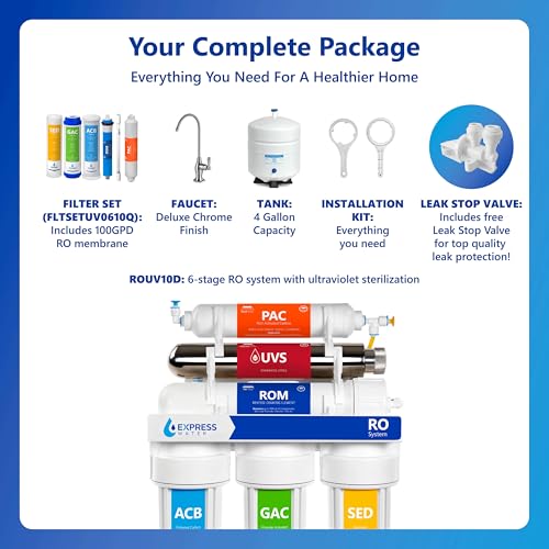 ROUV10D, 6-Stage RO Water Filter System, UV Filter, 100 GPD