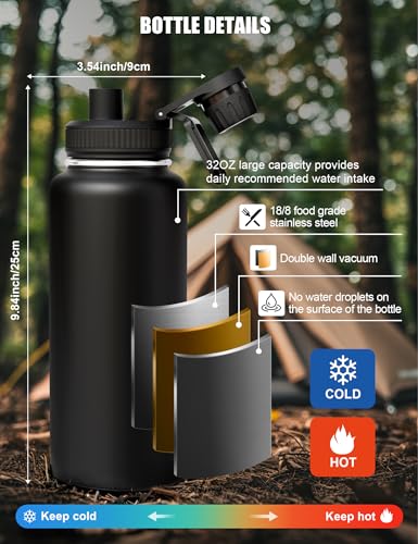 32 Oz Black Tactical Water Bottle with 2 Lids