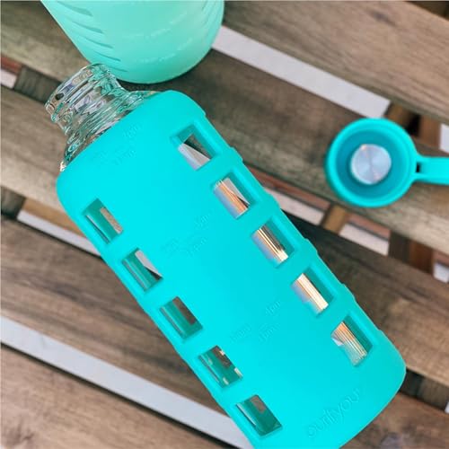 40oz / 32oz / 22oz / 12oz Borosilicate Glass Water Bottle with Time & Volume Markers, Silicone Sleeve, Stainless Steel Lid | Reusable Glass Bottle for Water & Juice (22oz Aqua Blue)