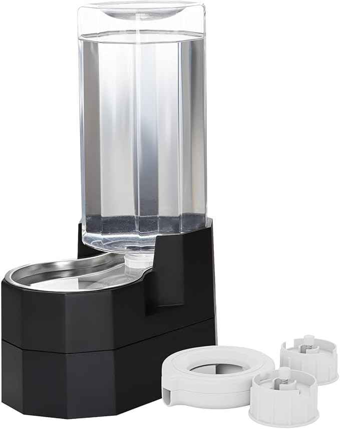 RIZZARI Large Dog Water Dispenser: 9L Raised Gravity Gray Automatic Stainless Steel Waterer with 2 Caps - 100% BPA Free - Pet Feeder for Senior Dogs with Joint Pain in Bedroom Garden