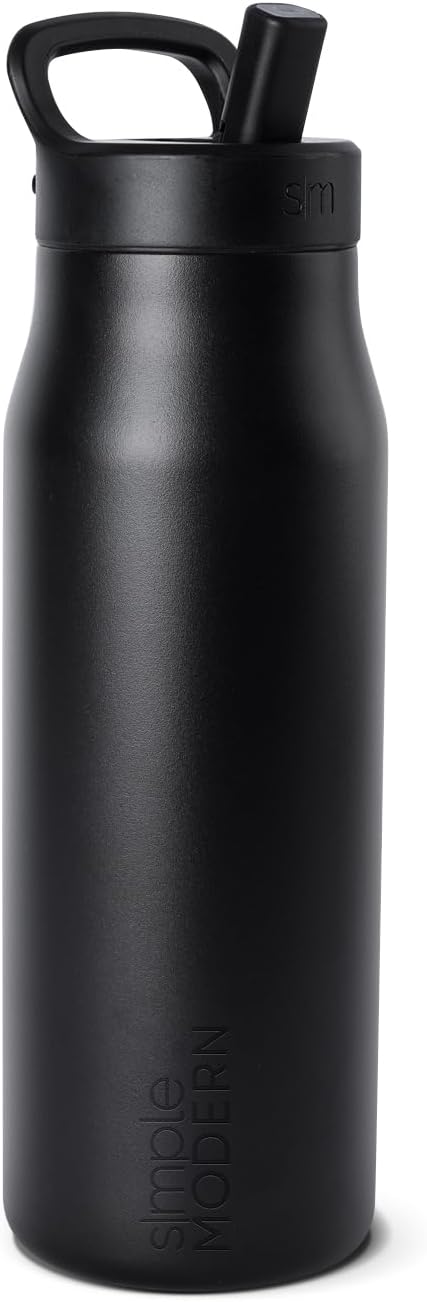 Simple Modern Water Bottle with Push Button Straw Lid | Ceramic-Lined Insulated Stainless Steel | Travel Water Bottles for Gym & Sports | Leak Proof | 34oz, Midnight Black