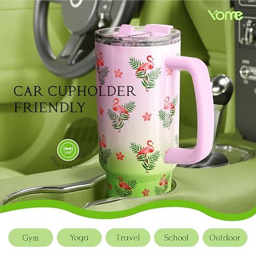 40 oz Flamingo Tumbler with Handle and Flip Straw for Women