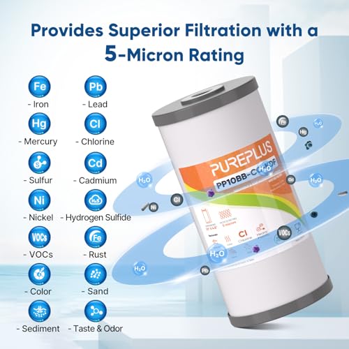 5 Micron 10" x 4.5" Whole House PP Sediment Carbon KDF Composite Heavy Metal Reduction Filter Cartridge for GE FXHTC (4 Count)