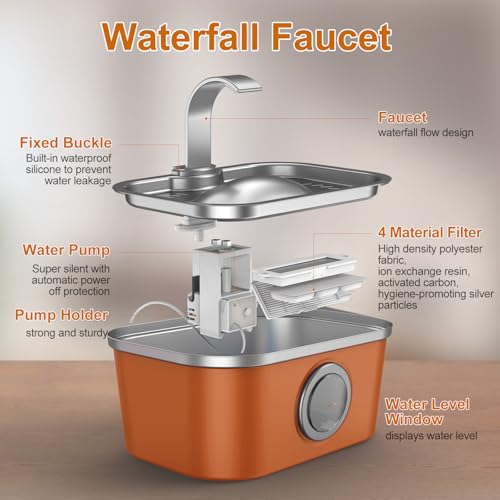 Automatic Stainless Steel Water Fountain for Cat & Dog in Amber Orange 124oz (124 Fl Oz)