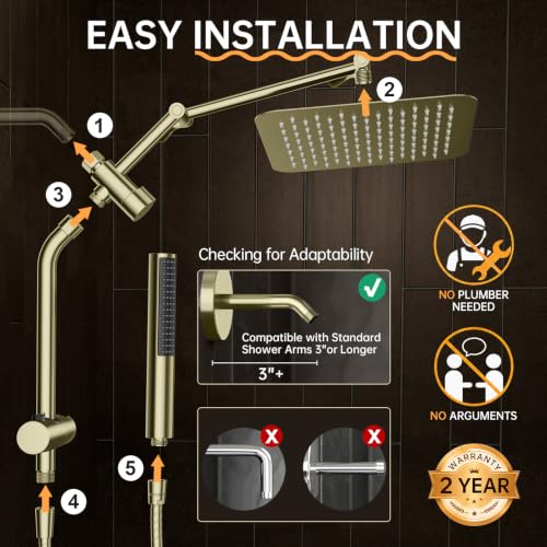 All Metal 10" Luxurious Brushed Gold Rain Shower Head with Handheld