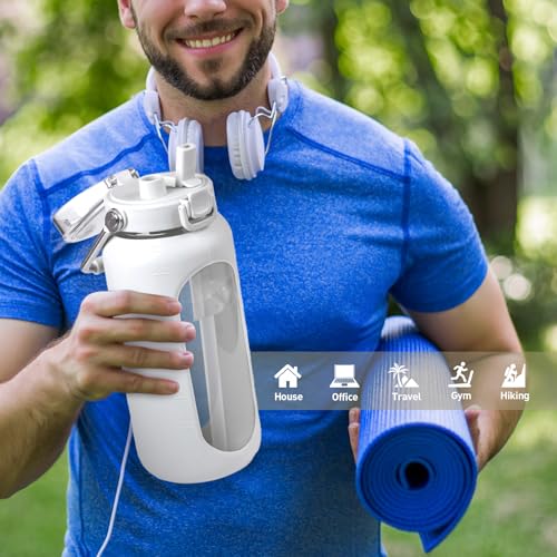 64oz Water Bottle Glass with Stainless Steel Handle Large Water Bottle with Time Markers and Silicone Sleeve Half Gallon Water Jug BPA Free for Gym Daily Use
