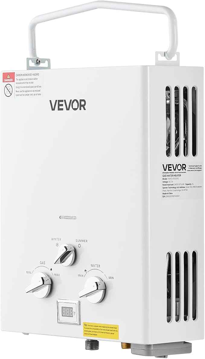 VEVOR Portable Propane Water Heater, 5L Tankless Outdoor Water Heater, 34000 BTU 1.32 GPM Instant Hot Water, with Accessory Set + Regulator +Water Pump for RV Camping Trips Cabins Barns
