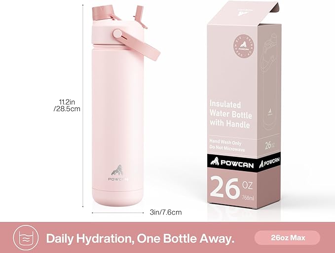 POWCAN 26 oz Insulated Water Bottle with 2-in-1 Straw and Spout Lid, Keep Cold 24H, Leak-Proof, Fits in Car Cup Holder, Stainless Steel Water Bottle for Sports, Travel, Gift, and School (Bow Crush)