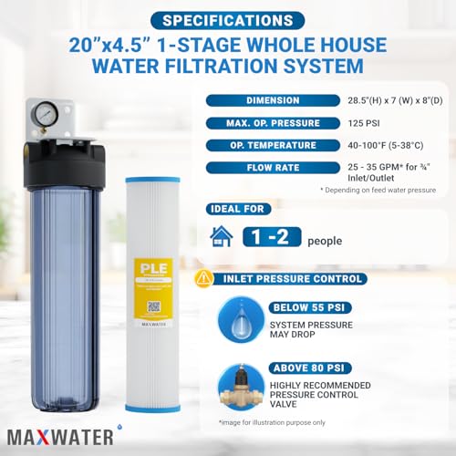 20 x 4.5 Whole House 1 Stage PP Pleated Sediment Filter System w
