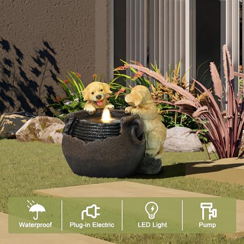 LuxenHome 16 Inch Puppies Resin Outdoor Water Fountain with LED Lights