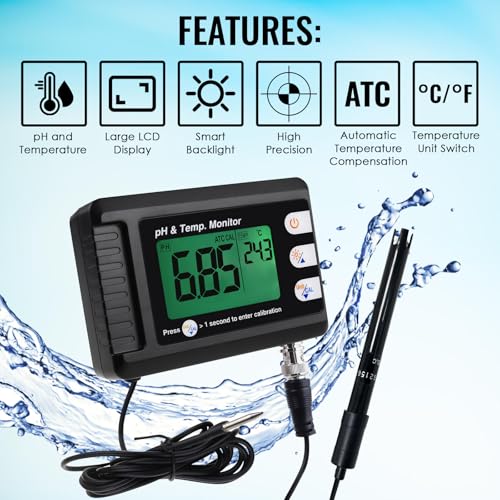 Digital pH & Temperature Water Monitor with Large LCD Display