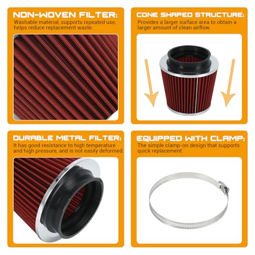 PTNHZ Universal Red 4" 102mm High Flow Cold Air Intake Cone Air Filter Power Intake Air Inlet System Air Cleaner