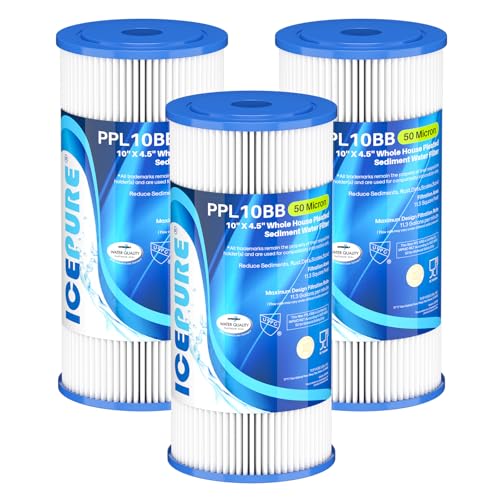50 Micron 10" x 4.5" Whole House Extra Coarse Pleated Sediment Filter for Well Water (3 Count)