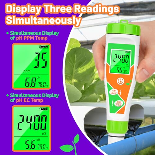 pH Meter for Water Hydroponics Nutrient 4 in 1 Digital EC pH TDS Temp Meter for Water System PPM and EC Water Tester for Hydroponics