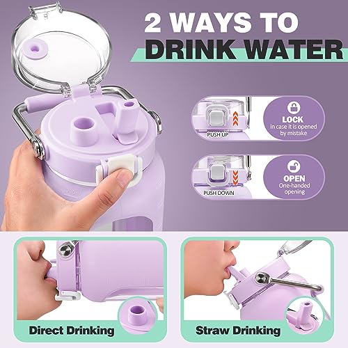 64oz Water Bottle Glass with Stainless Steel Handle Large Water Bottle with Time Markers and Silicone Sleeve Half Gallon Water Jug BPA Free for Gym Daily Use