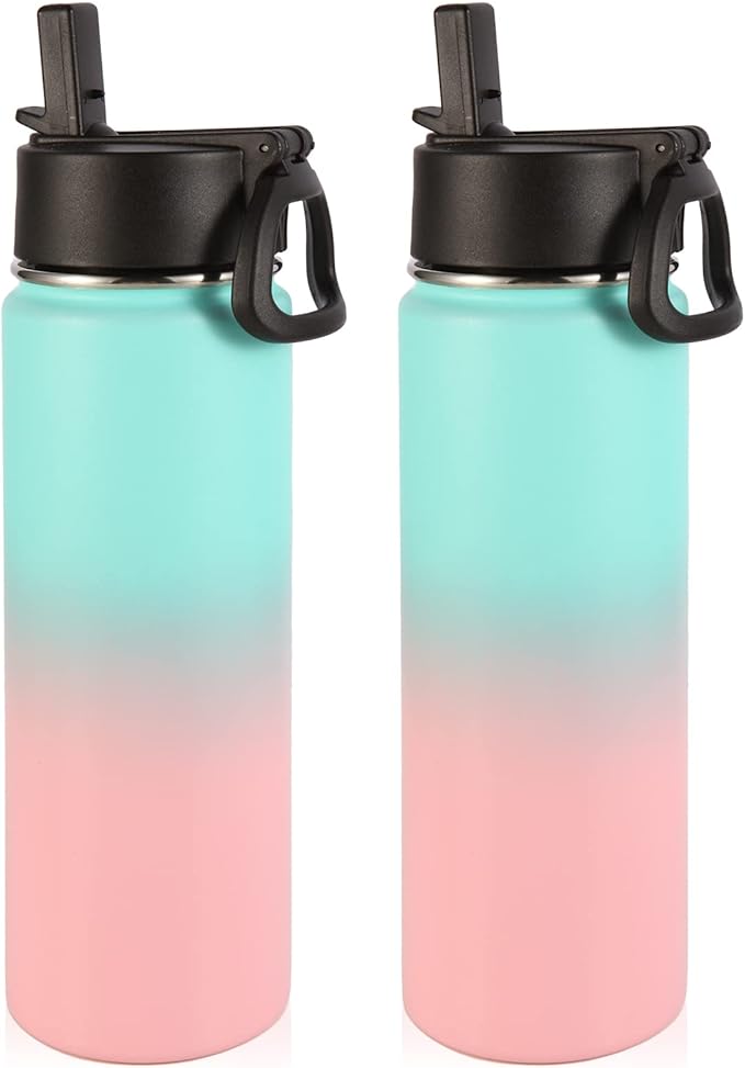 Volhoply Insulated Water Bottles with Straw Bulk 2 Pack, 22 oz Stainless Steel Sport Bottle with Handle Lid,Metal Travel Water Cups with Wide Mouth,Reusable Water Flask for School(Green Pink,2 Set)
