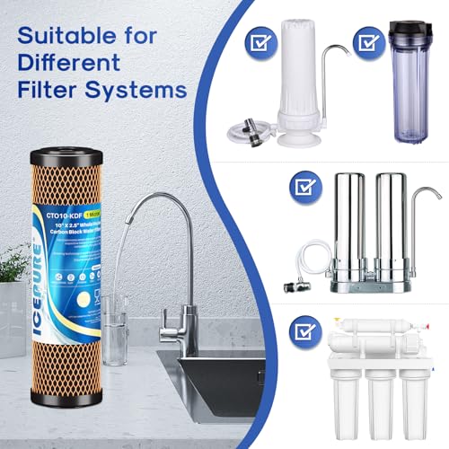 1 Micron 2.5" x 10" Whole House Water Filter Coconut Shell Activated CTO Carbon and KDF Cartridge for Home (3 Count)