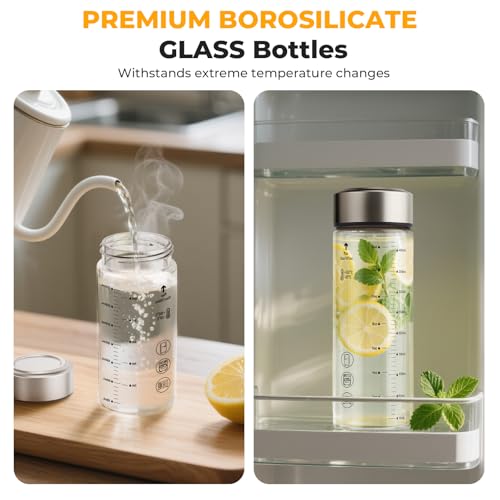 Wide Mouth Borosilicate Glass Juice Bottles 12oz 4 Pack with Lids