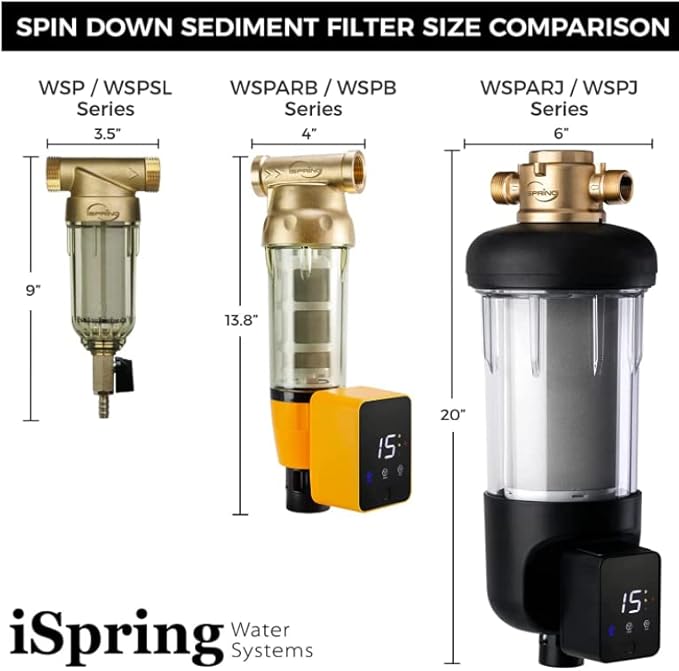 iSpring WSP-50 Reusable Whole House Spin Down Sediment Water Filter 50 Micron, 1" MNPT + 3/4" FNPT w/Push to Connect Fittings