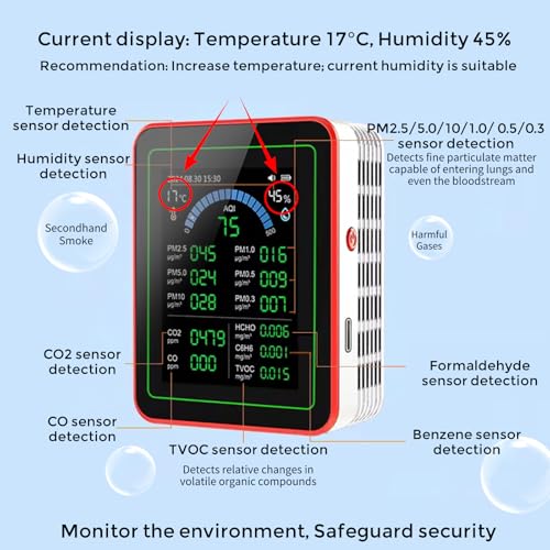 18-in-1 Smart Air Quality Monitor Indoor, CO2/CO/HCHO/TVOC/C6H6/PM0.3-10 Detection, Real-Time Data Logging & Bluetooth Sync, AQI Alarm, Type-C Charging for Home/Office/Car (2.8" Display)