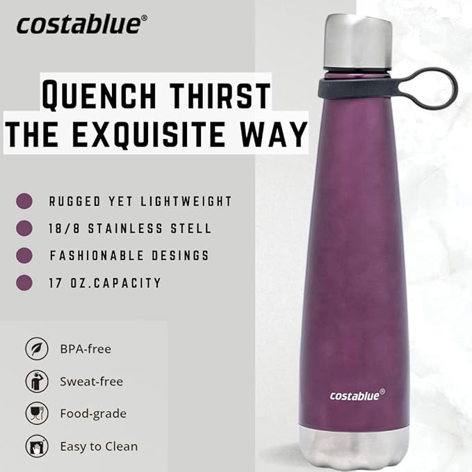Insulated Water Bottle - On-The-Go Refillable Stainless Steel Water Bottles For Adults, Reusable Thermos Travel Tumbler With Leak-proof Lid For Hot & Cold Beverages (17Oz. Purple)