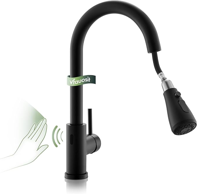 Touchless Kitchen Sink Faucet, VFAUOSIT Black Kitchen Faucet with Pull Down Sprayer Stainless Steel Motion Sensor Smart Hands-Free, Matte Black Single Hole Faucet for Bar Laundry RV Utility Sink