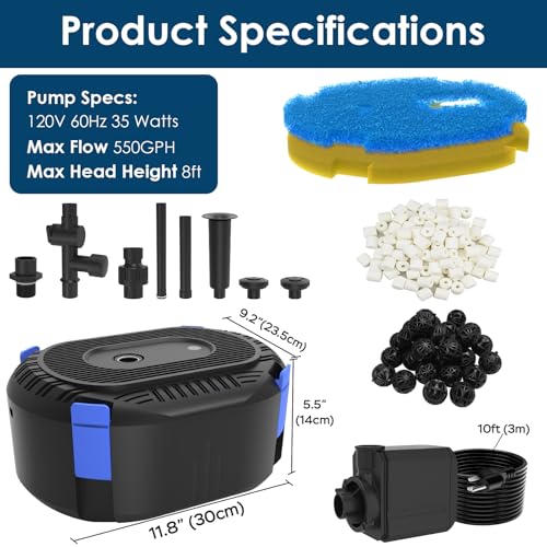 All-in-One Koi Pond Filters for Outdoor Ponds 350-500 Gal, Pond Fountain Pump with 3 Spray Patterns, Fountain Kit with 550GPH Water Pump for Garden, Water Feature, Bird Baths